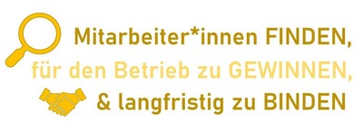 Lupe und H&auml;ndedruck-Symbol neben Text: "Mitarbeiter*innen finden, gewinnen, binden."