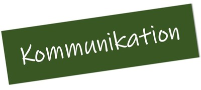 Gr&uuml;nes Rechteck mit dem wei&szlig;en Schriftzug Kommunikation.
