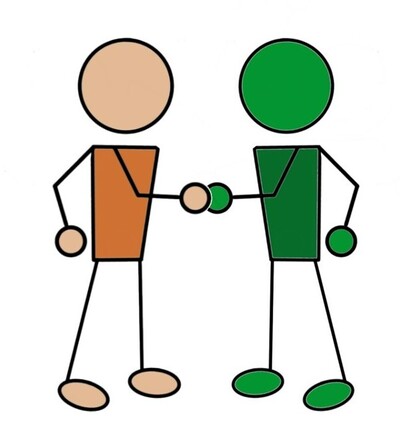 Zwei Strichm&auml;nnchen, eines in Orange, das andere in Gr&uuml;n, geben sich die Hand.