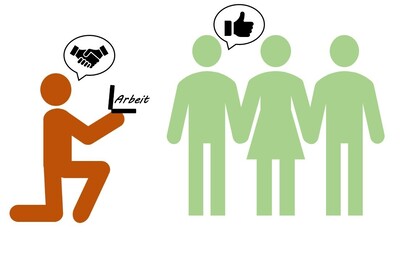 Mitarbeiterbindung - © HaiYen Trinh Eine orange Figur kniet mit Laptop, drei grüne Figuren stehen mit Daumen-hoch-Symbolen.